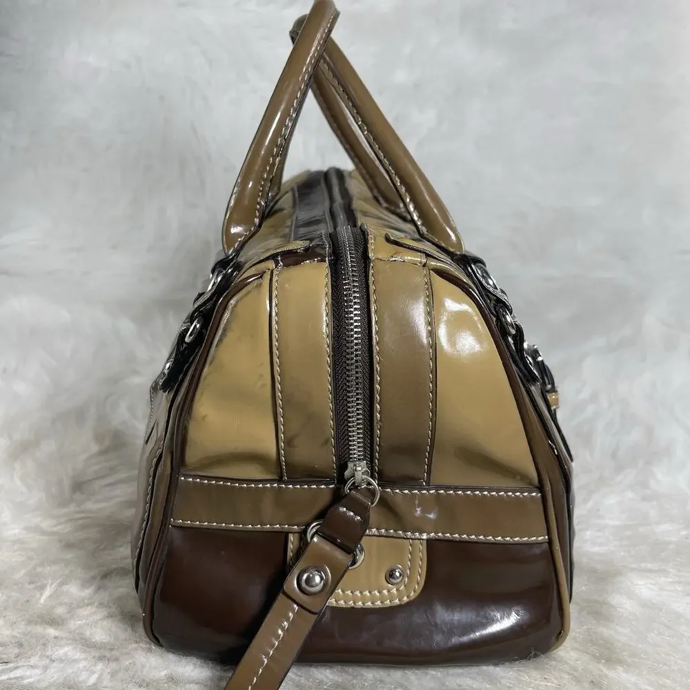 GUESS Patent Leather Satchel Shoulder Bag Brown Tan Logo Purse W015017